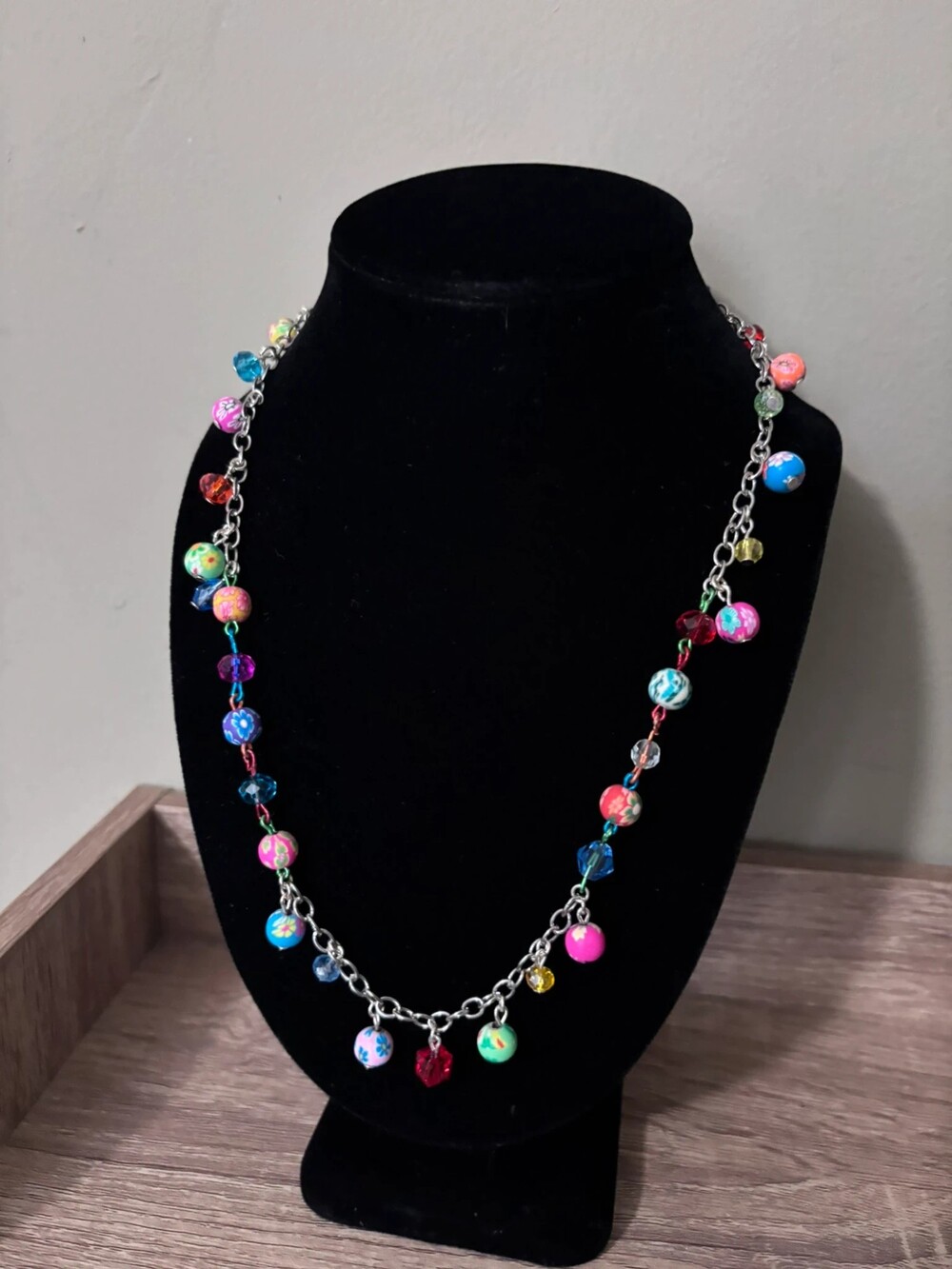 Handmade Colorful Milliefiori Polymer Clay & Crystal Charm Necklace